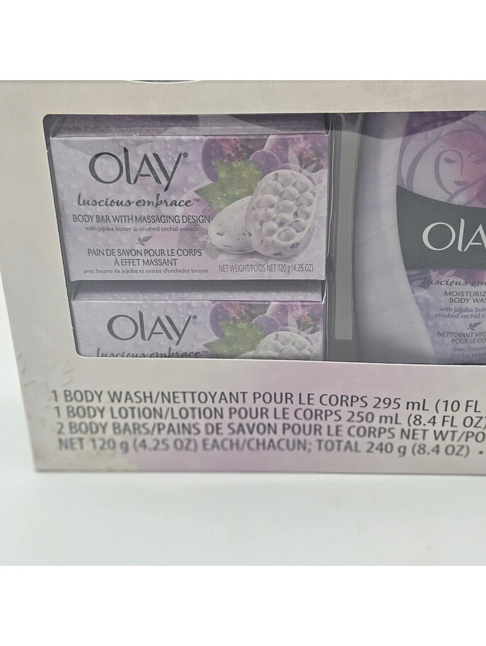 Olay Luscious Embrace Holiday Set. Includes Body Wash, Lotion And 2 Bars Of Soap